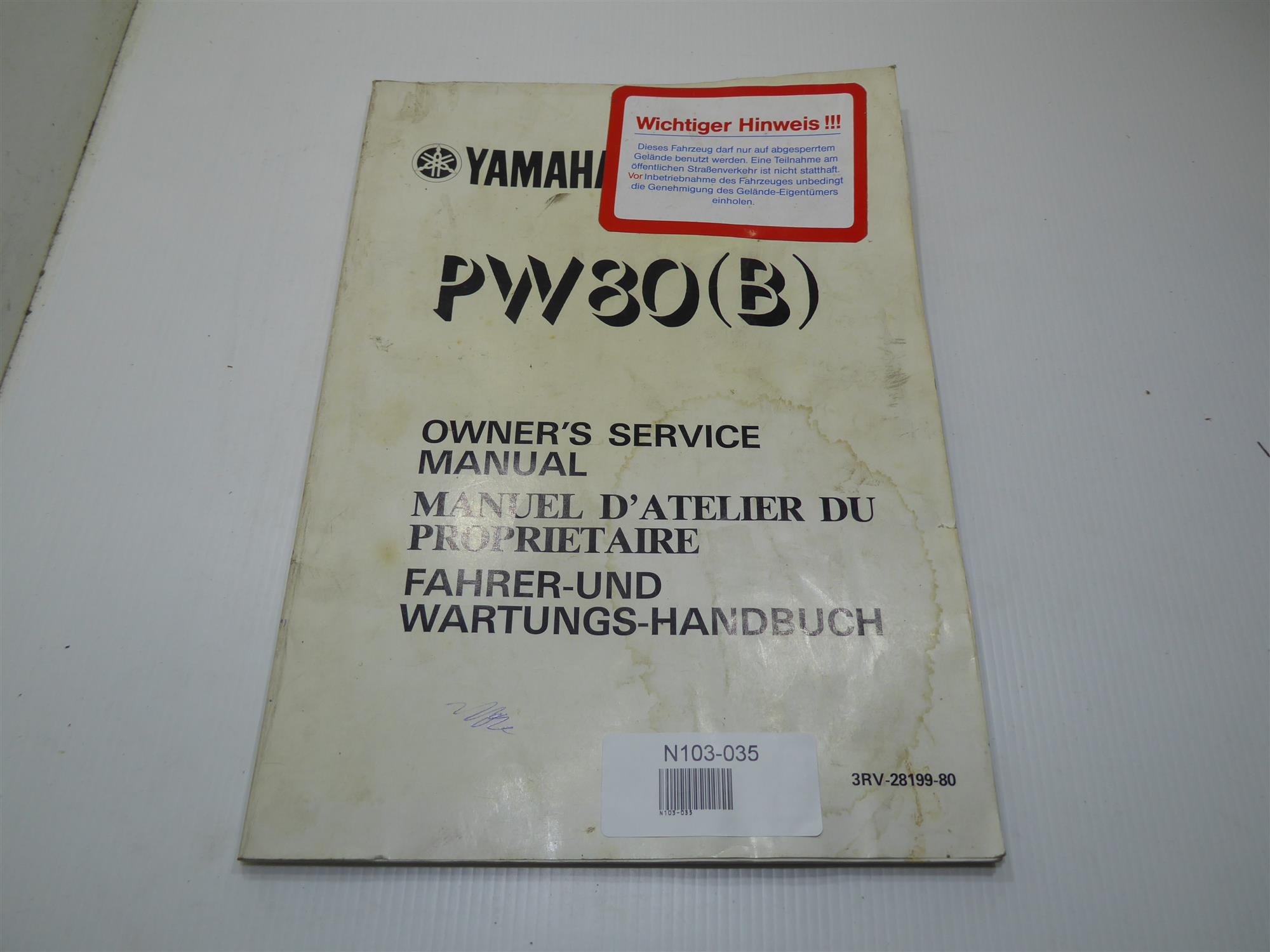 Yamaha PW80 1991 Fahrer- und Wartungshandbuch 3RV-28199-80